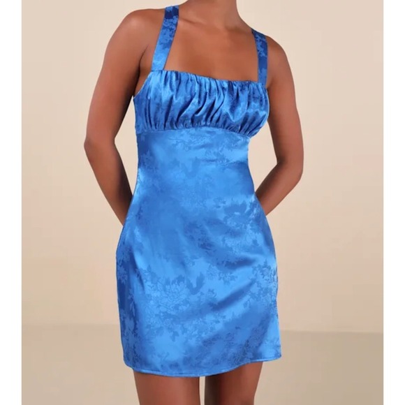 Lulus Dresses & Skirts - Lulus Exquisite‎ Outlook Royal Blue Floral Jacquard Satin Lace Up Mini Dress S